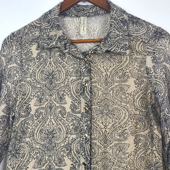 Perseption Concept Womens Semi Sheer Button Down Blouse Top Size Large Tan Black - Picture 3 of 16